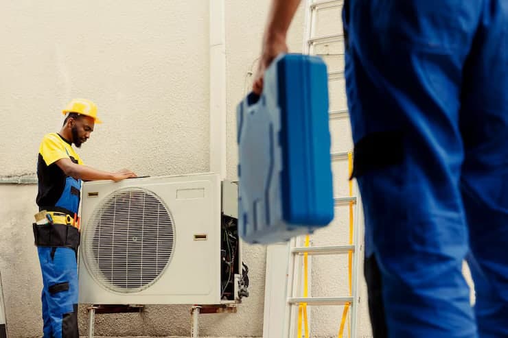 Équipe technique NOVACLIM intervenant à deux sur un groupe extérieur de climatisation